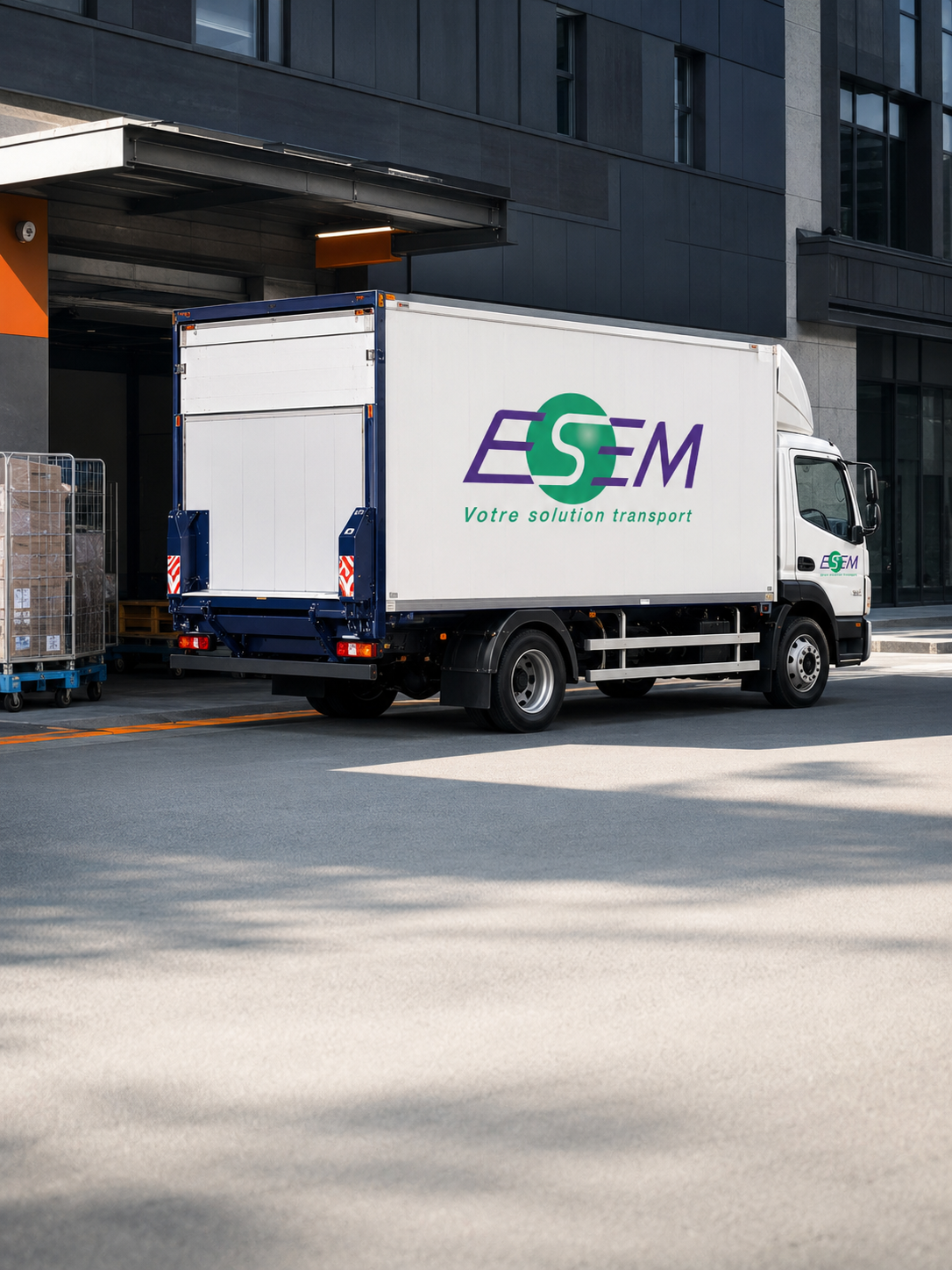 Flotte de semi-remorques 44T align&eacute;s dans un d&eacute;p&ocirc;t logistique, groupage Anvers