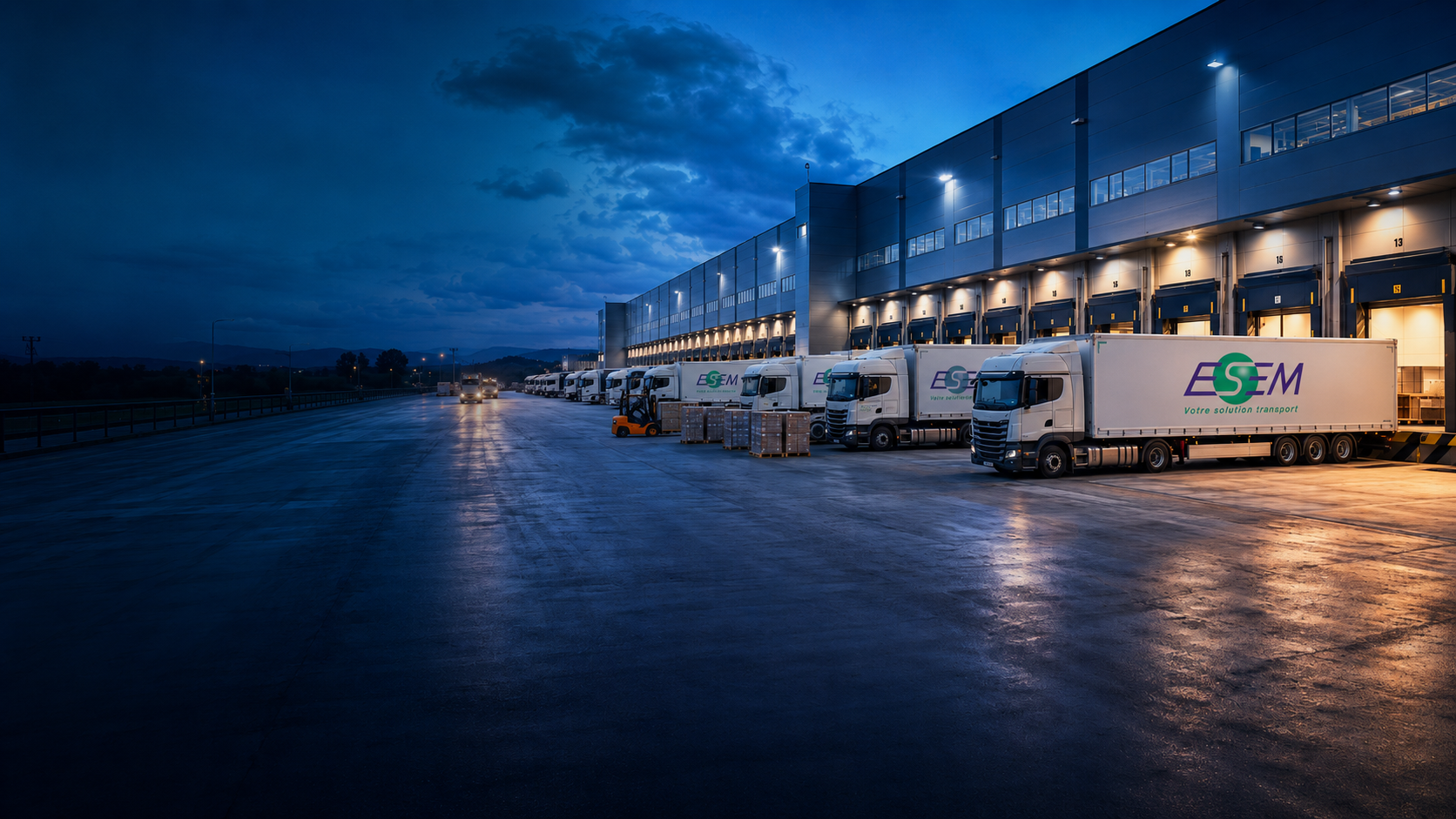Hub logistique europ&eacute;en au cr&eacute;puscule, quais de chargement illumin&eacute;s